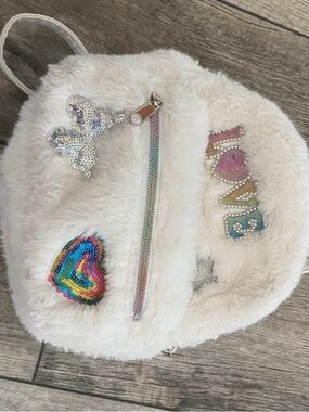 Kids Plush White Sequin Heart & Mermaid Backpack